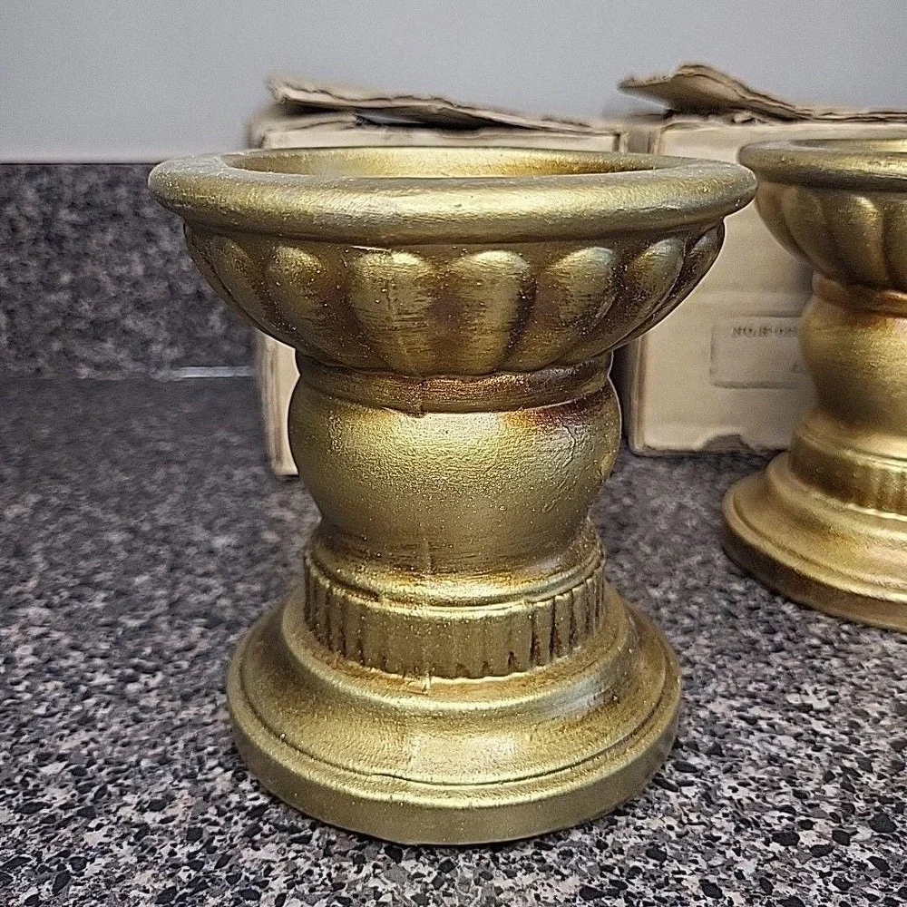 VINTAGE Japan Ceramic Gold 3 Sized Candle Holders Mid Century Modern w/ Box (2)